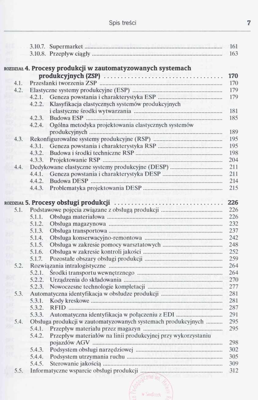 3.10.7. Supermarket 161 3.10.8. Przepływ ciągły 163 ROZDZIAŁ 4. Procesy produkcji w zautomatyzowanych systemach produkcyjnych (ZSP) 170 4.1. Przesłanki tworzenia ZSP 170 4.2.