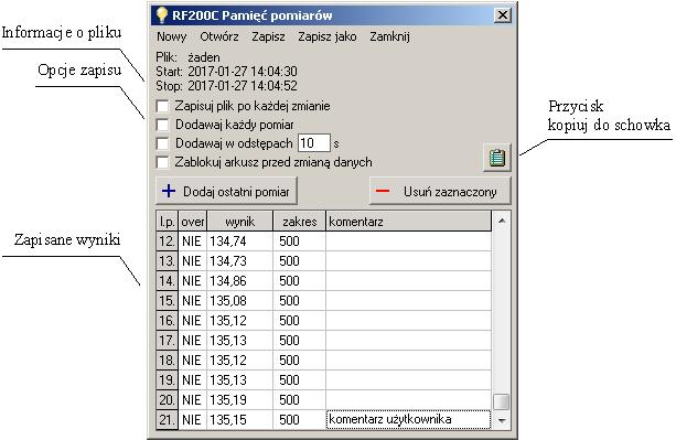 Rys. 3.5. Okno aplikacji Pamięć pomiarów. Opisane wyżej ustawienia są zapamiętywane i przywracane po ponownym uruchomieniu aplikacji lub programu RF200C.