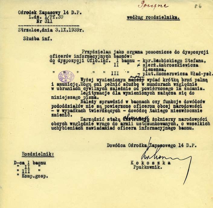 Kokoszki do dowódcy 14 DP z 1 IX 1939 r.