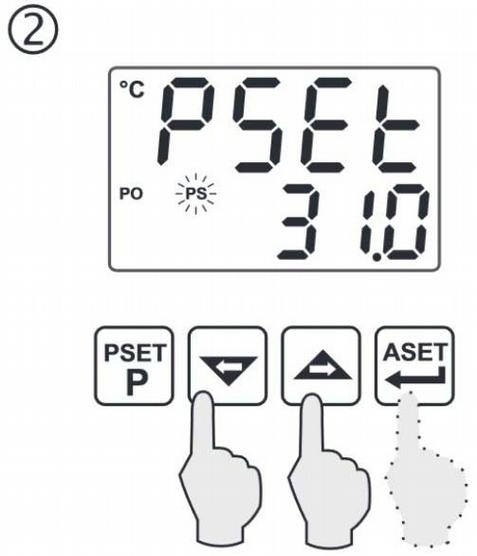 13. OBSŁUGA REGULATORA TEMPERATURY. Ustawianie temperatury zadanej Naciśnij przycisk Czerwony wyświetlacz pokarze komendę PSEt, dioda PS zacznie pulsować.