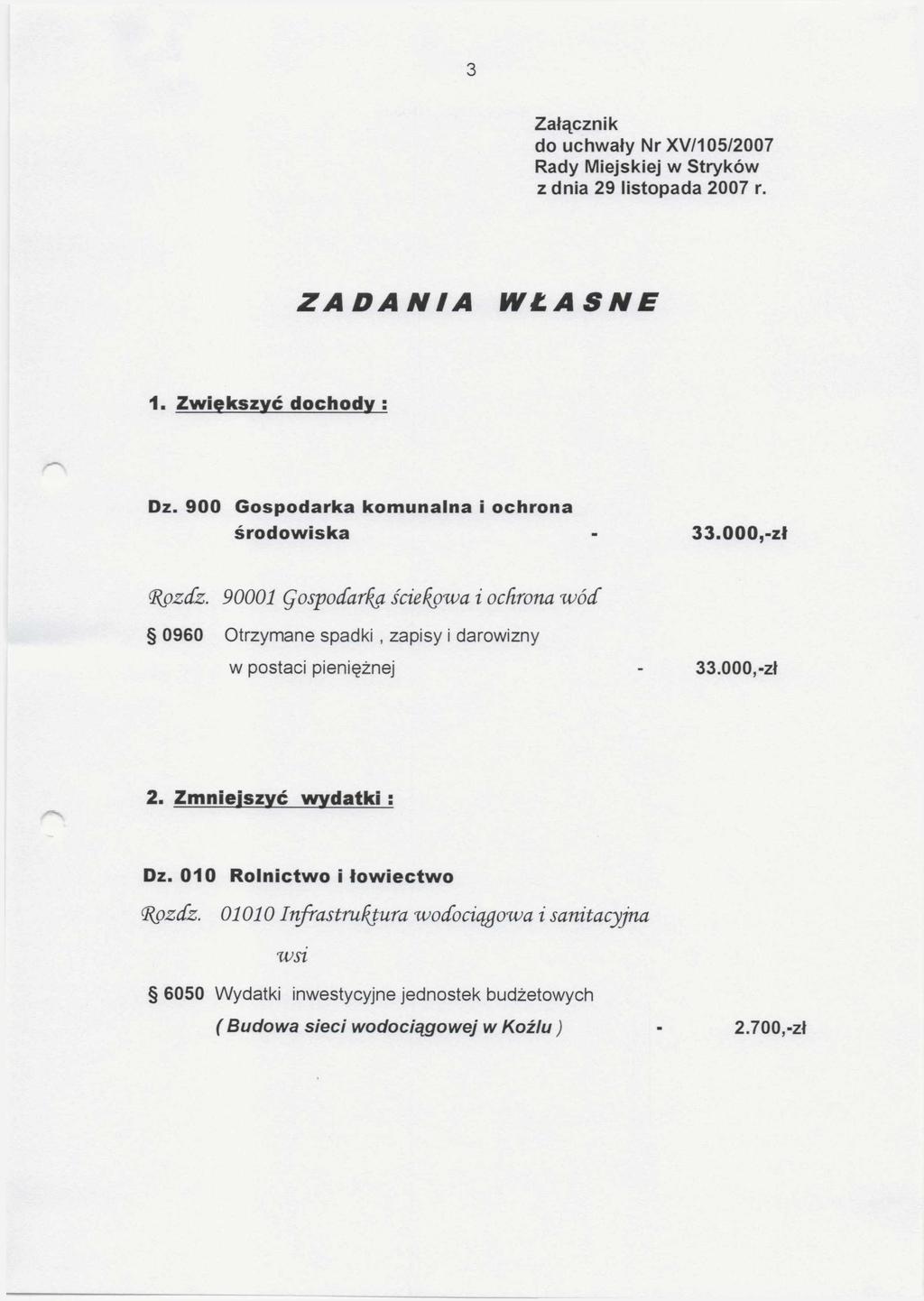 3 Załącznik do uchwały Nr XV/105/2007 Rady Miejskiej w Stryków z dnia 29 listopada 2007 r. ZA D A N IA WŁASNE 1. Zw iększyć dochody : Dz. 900 Gospodarka komunalna i ochrona środowiska - 33.