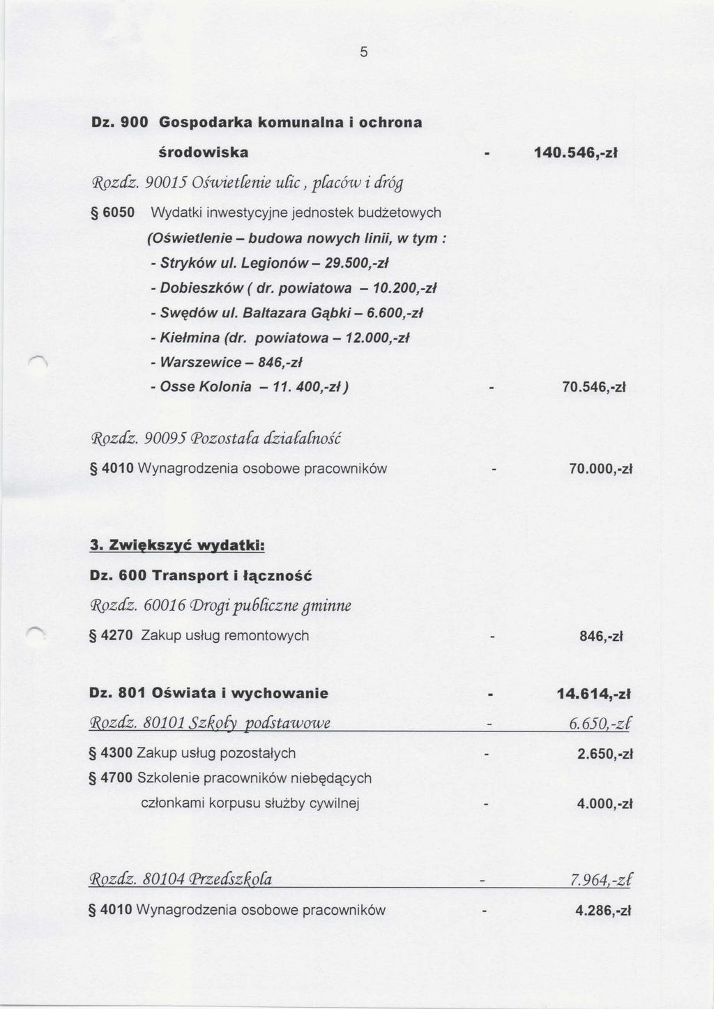 5 Dz. 900 Gospodarka komunalna i ochrona środowiska Rozdz. 90015 Osunet fenie ufic, płacóru i dróg (Oświetlenie - budowa nowych linii, w tym : - Stryków ul. Legionów- 29.500,-zł - Dobieszków ( dr.