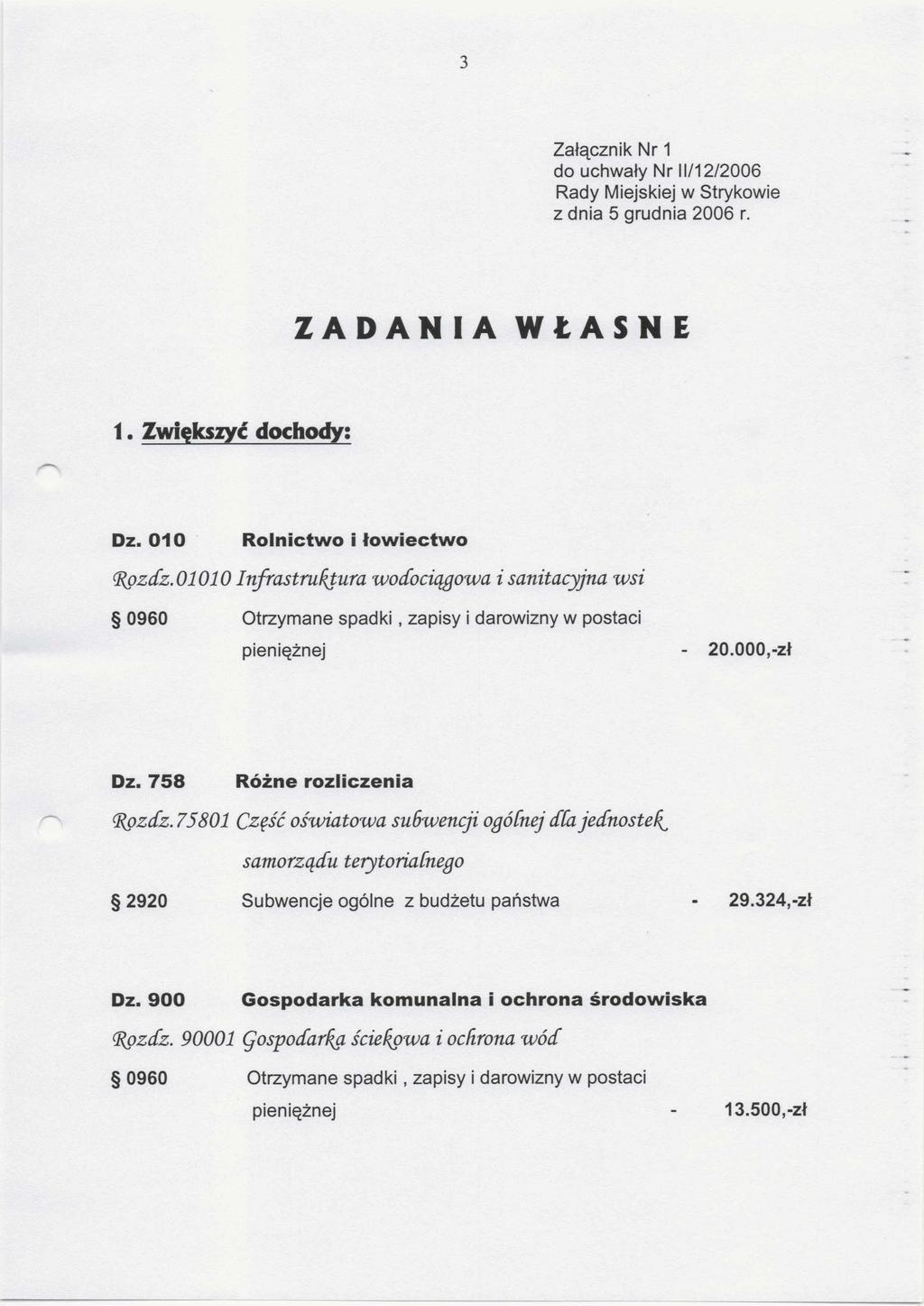 3 Załącznik Nr 1 do uchwały Nr 11/12/2006 Rady Miejskiej w Strykowie z dnia 5 grudnia 2006 r. ZADANIA WŁASNE t. Zwiększyć dochody: Dz. 010 Rolnictwo i łow iectw o (Rozdz.