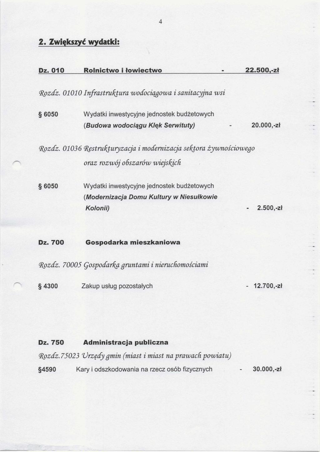 4 2. Zwiększyć wydatki: Dz. 010 Rolnictwo i łow iectw o - 22.500,-zł {'Rozdz. 01010 Infrastruktura wodociągowa i sanitacyjna w si (Budowa wodociągu Klęk Serwituty) - 20.000,-zł Rozdz.