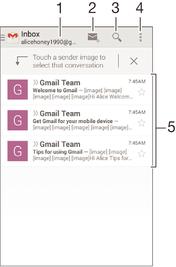 1 Wyświetlanie listy wszystkich kont Gmail i ostatnio otwieranych folderów 2 Pisanie nowej wiadomości e-mail 3 Wyszukiwanie wiadomości e-mail 4 Uzyskiwanie dostępu do ustawień i opcji 5