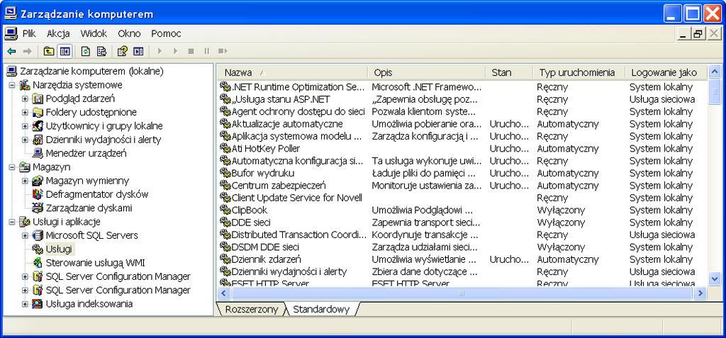 dostęp z kontrolki Zarządzanie komputerem Wybierając usługi