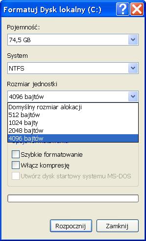 dla NTFS wielkość jednostki alokacyjnej.