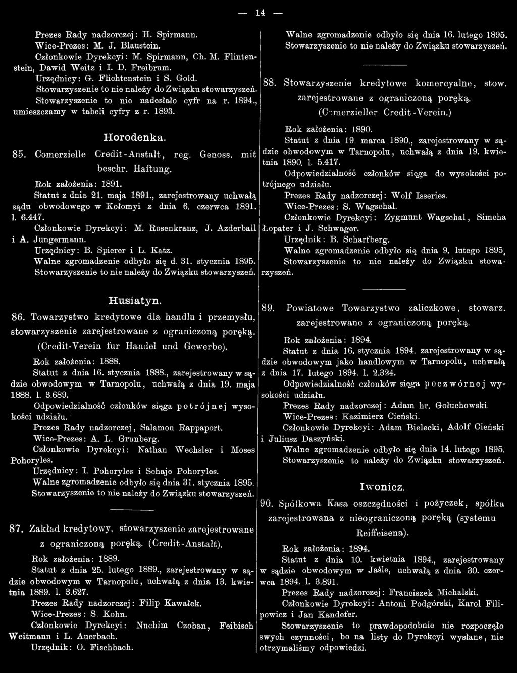 (Credit-Yerein fur Handel und Gewerbe). Rok założenia: 1888. S tatut z dnia 16. stycznia 1888., zarejestrowany w sądzie obwodowym w Tarnopolu, uchwałą z dnia 19. maja 1888. 1. 3.689.