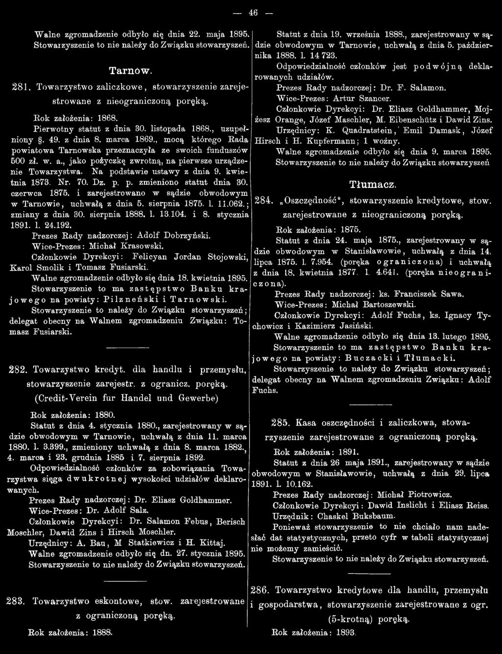, jako pożyczkę zwrotną, na pierwsze urządzenie Tow arzystw a. N a podstawie ustaw y z dnia 9. kw ietnia 1873. Nr. 70. Dz. p. p. zmieniono statut dnia 30. czerwca 1875.