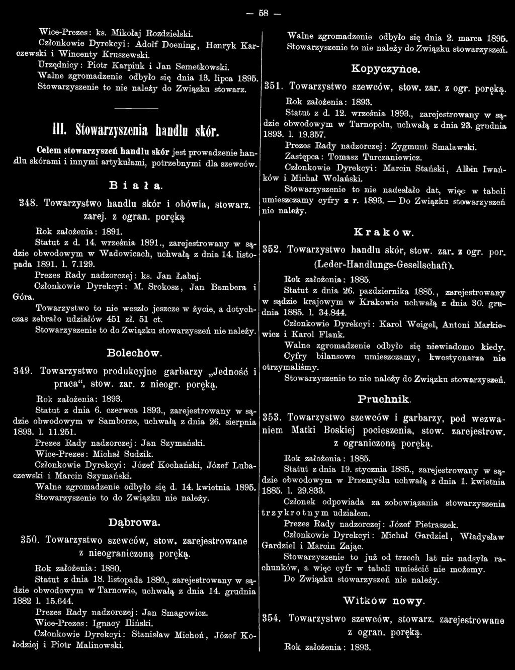Celem stowarzyszeń handlu skór jest prowadzenie hand lu skórami i innym i artykułam i, potrzebnym i dla szewców. B i a ł a. "348. Towarzystwo handlu skór i obówia, stowarz. zarej. z ogran.