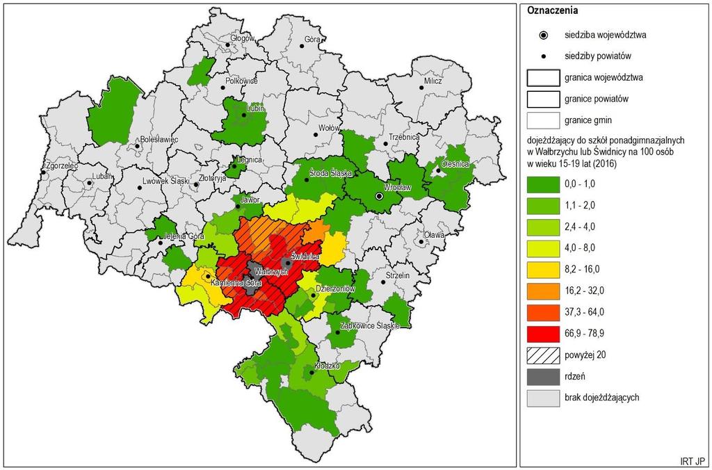 LICZBA DOJEŻDŻAJĄCYCH DO SZKÓŁ ŚREDNICH W RDZENIU, W STOSUNKU DO OSÓB W WIEKU 16-19 LAT NA 100 OS. W WIEKU 15-19 LAT (2016).