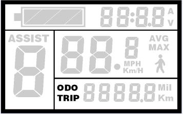Przyciskiem MODE można wyświetlać przebieg jazdyi (TRIP) lub całkowity przebieg (ODO). Indykacja stanu akumulatora Symbol akumulatora na LCD wyświetla aktualny stan załadowania akumulatora.
