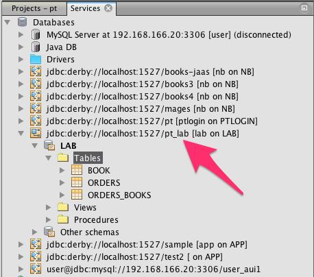 jdbc:derby://localhost:1527/pt_lab). 7. Środowisko Netbeans umożliwia przeglądanie tabel istniejących w bazie danych oraz ich zawartości, a także wywoływanie dowolnych zapytań SQL.