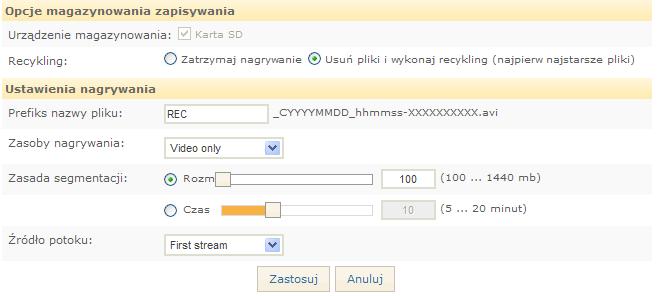 6. Konfiguracja Magazynowania i Nagrywania Nagrywanie Format pliku nagrywania Ciągły: Nagrywa potok wideo w standardowym formacie AVI format kontenera multimedialnego.