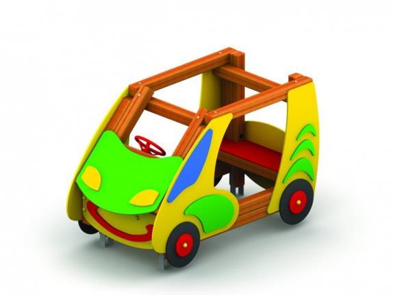 Mini samochód Drewniana rama ozdobiona kolorową karoserią. Przestrzeń minimalna 5,1 x 4,1 m, maksymalna wysokość 1,3m.