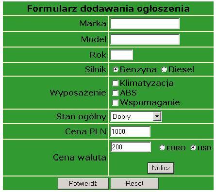 Przykład 2 W kolejnym przykładzie przeliczna jest cena z PLN na cenę w jednej z dwóch walut (do wyboru). function nalicz_2() { var kurs_euro = 4.11; var kurs_usd = 3.