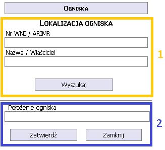 służącego wprowadzaniu jako ognisko dowolnego punktu na mapie (granatowa ramka nr 2): Podstawową metodą dodawania ogniska jest wyznaczenie ogniska w istniejącej już działalności.