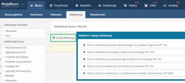 System umożliwia przygotowanie zeznań rocznych dla różnych form opodatkowania a mianowicie: Roczną deklarację podatku dochodowego na zasadach ogólnych (PIT 36), Roczną deklarację