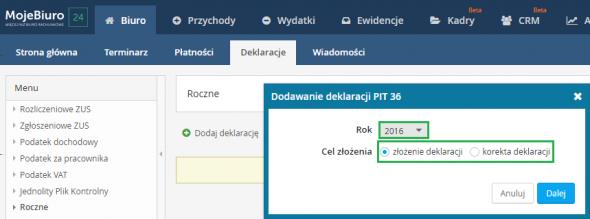 Po wybraniu rodzaju deklaracji pojawi się okno w którym należy wybrać: Rok, za który deklaracja ma zostać wygenerowania, Cel złożenia.