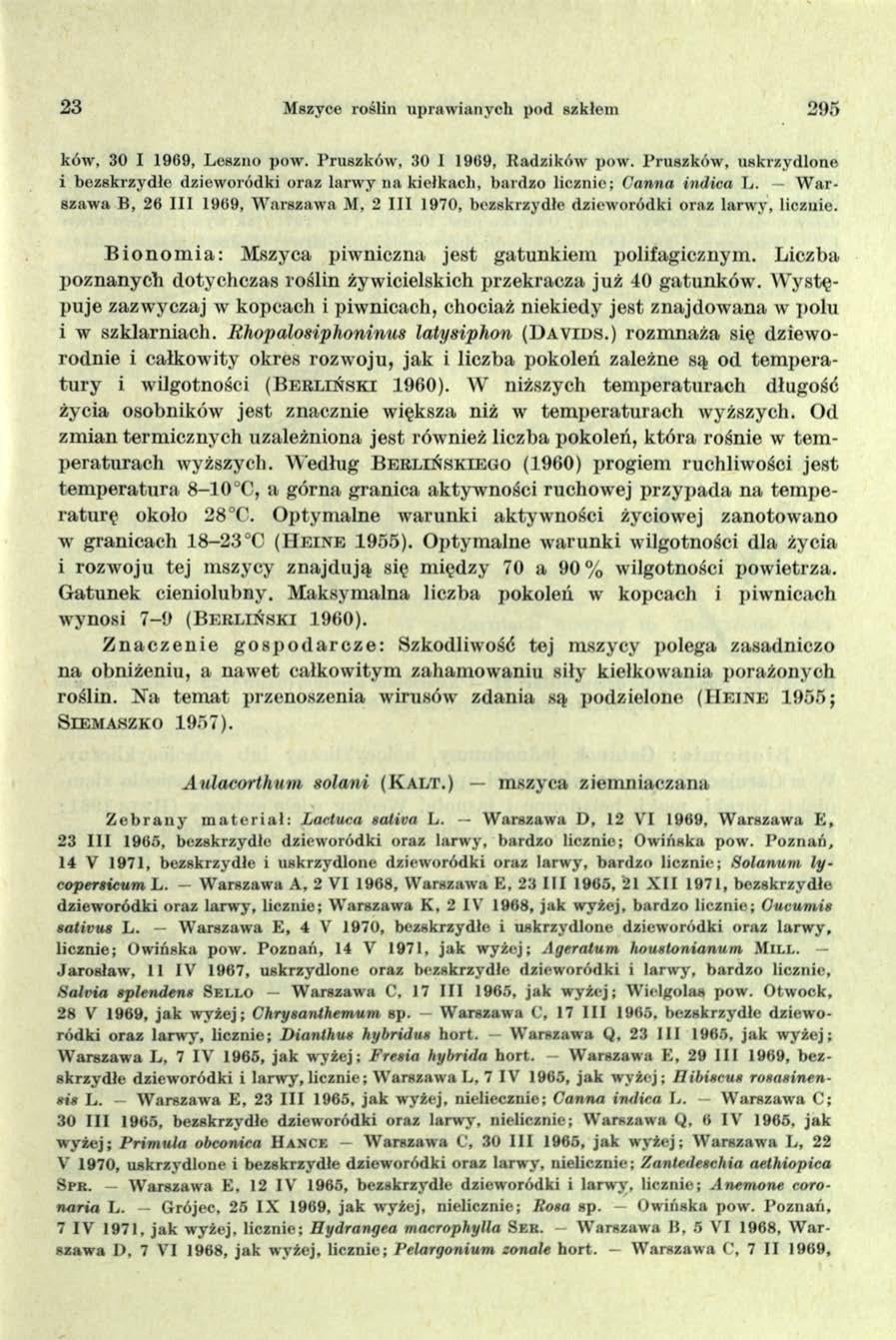 23 Mszyce roślin upraw ianych pod szkłem 2!>5 ków, 30 I 1969, Leszno pow. Pruszków, 30 I 1969, R adzików po w.