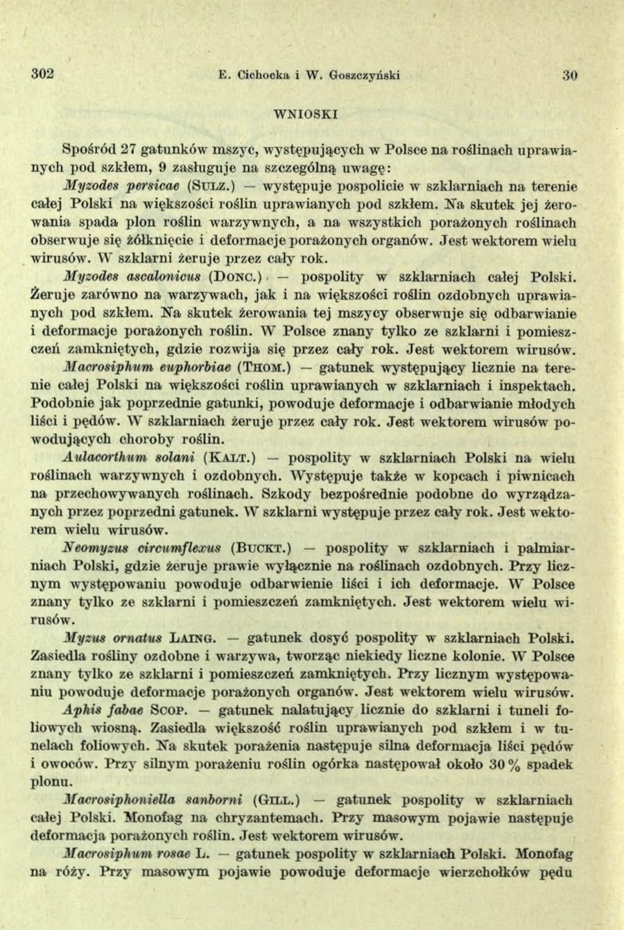 302 E. C ichocka i W. G oszczyński 30 W N IO S K I Spośród 27 gatunków mszyc, występujących w Polsce na roślinach uprawianych pod szkłem, 9 zasługuje na szczególną uwagę: Myzodes persicae ( S u l z.