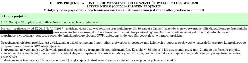 Opis Ta część wniosku ma charakter informacyjny, służy