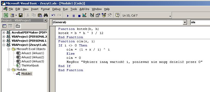 Zadanie. Utwórz funkcję użytkownika ola, która będzie funkcją dwóch zmiennych x i i oraz będzie opisana wzorem: ola ( x, i) x = 1+ i i Rozwiązanie Zadania.