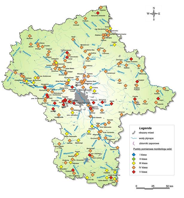 Rysunek 5. Klasyfikacja jakoci wód w województwie mazowieckim w przekrojach monitoringowych za 2005 r. ocena dla prezentacji stanu wód ródło: WIO w Warszawie.
