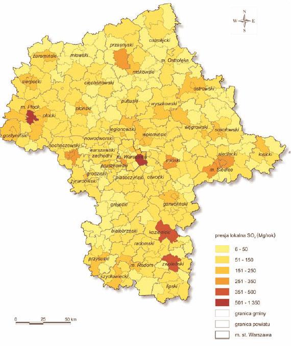Rysunek 13. Lokalna presja dwutlenku siarki w województwie mazowieckim w 2004 r.