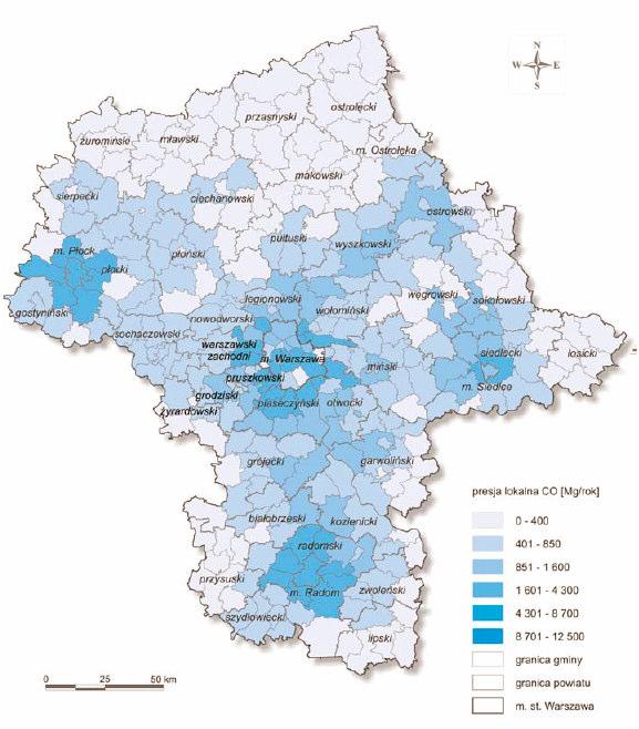 Rysunek 15. Lokalna presja tlenku wgla w województwie mazowieckim w 2004 r.