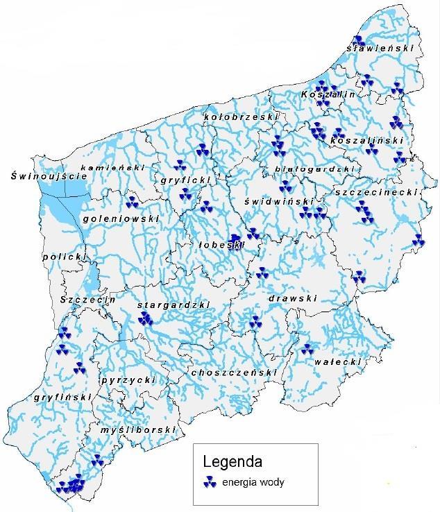 Rysunek 24 Energia wody w województwie zachodniopomorskim 187 Według danych Urzędu Regulacji Energetyki (stan na 30.09.2010 r.
