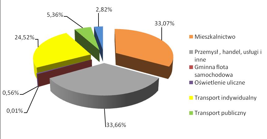 oświetlenie ulic (lokalne latarnie świetlne oraz sygnalizacja świetlna), mieszkalnictwo, transport indywidualny (w podziale na samochody: osobowe, dostawcze, ciężarowe), przemysł, usługi, handel i