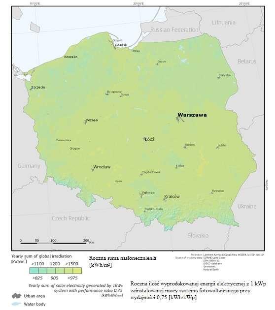 możliwość wyprodukowania, w przypadku zastosowania kolektorów słonecznych, około 520 kwh/m 2, a w przypadku instalacji fotowoltaicznej uzysk energetyczny wynosi około 950 kwh/kwp zainstalowanej mocy.
