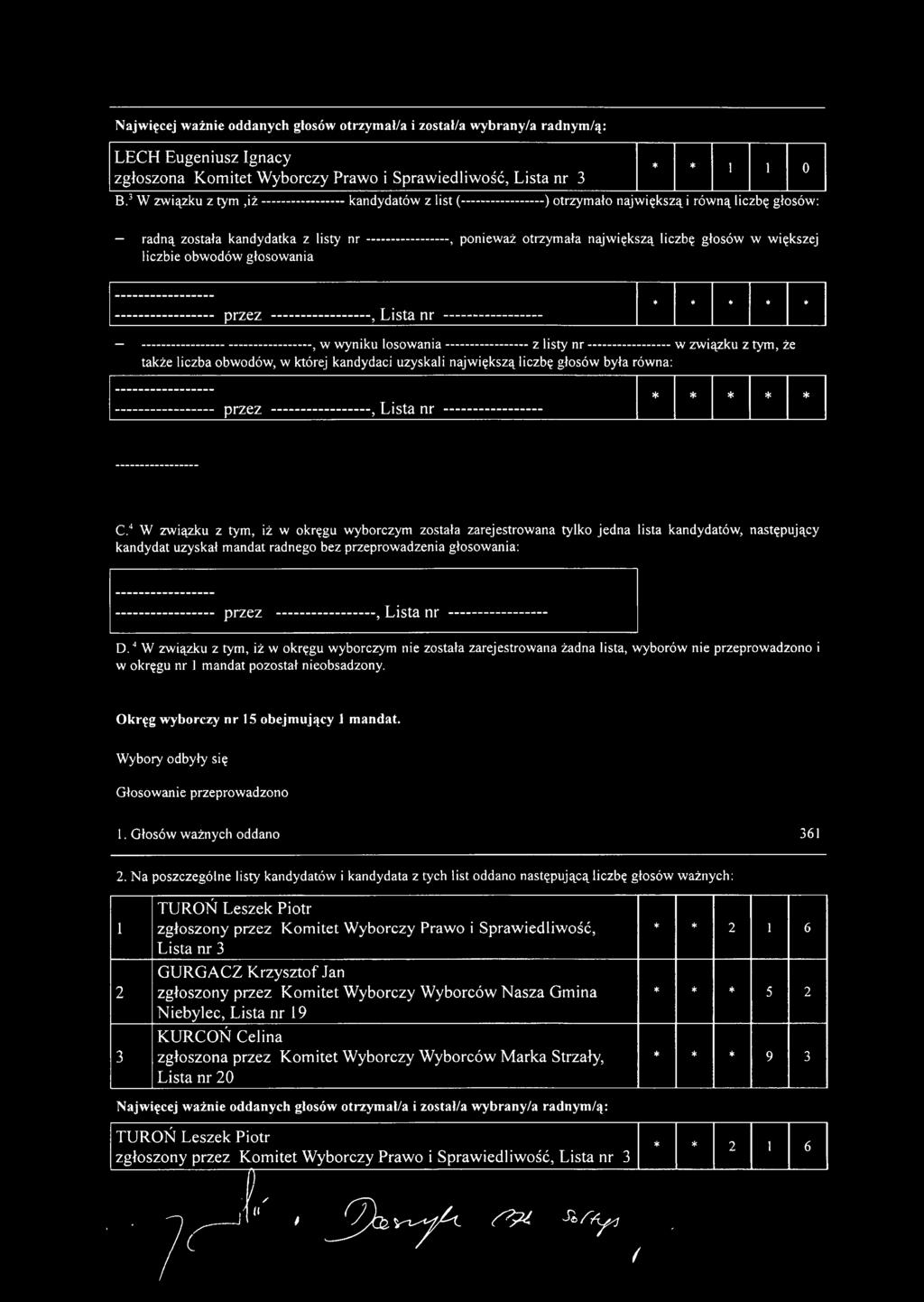 LIsta nr I I I I I I I ~~~~~~~~~~~~~~~~~ przez mmm, Lista nr mm_m _ c.' W związku z tym, iż w okręgu wyborczym została zarejestrowana tylko jedna lista kandydatów, następujący 1 przez, LIsta nr 0.