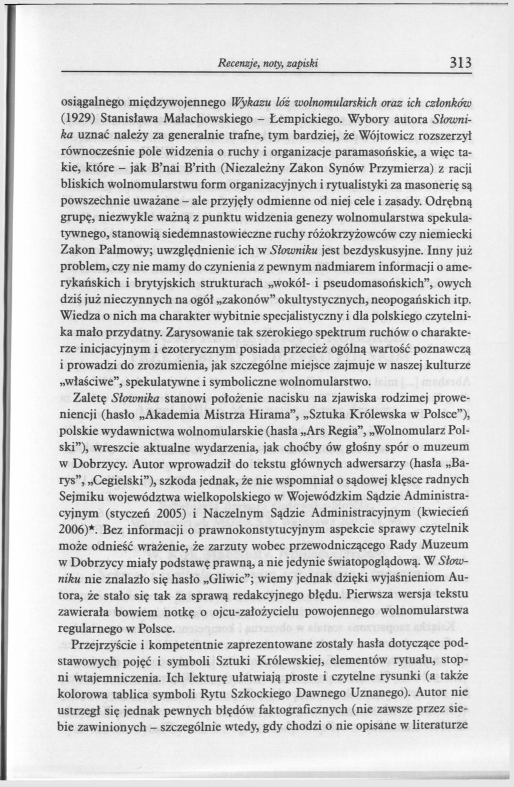 Recenzje, noty, zapiski osiągalnego międzywojennego Wykazu lóż wolnomularskich oraz ich członków (1929) Stanisława Małachowskiego - Lempickiego.