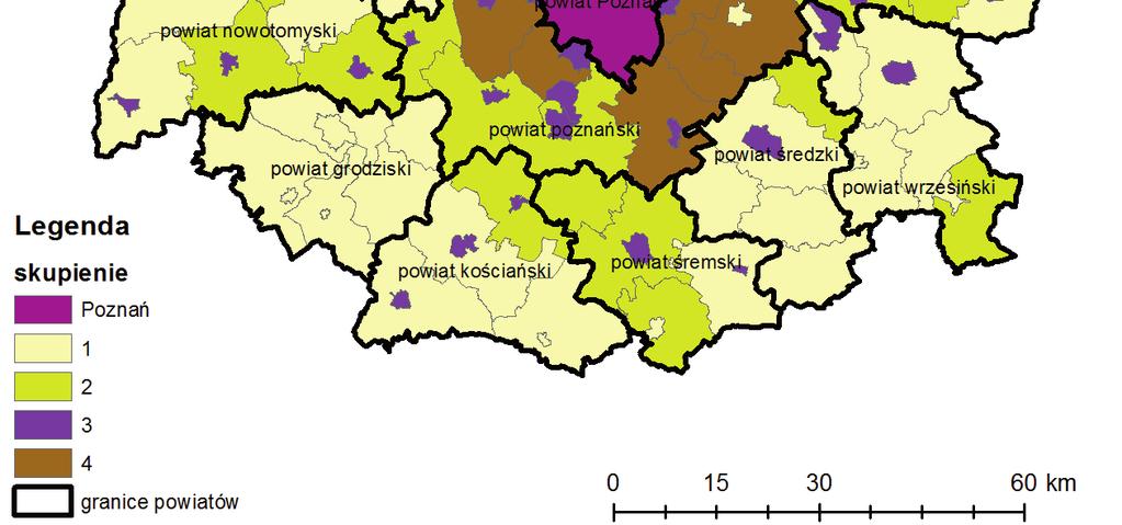 Piotr Idczak, Karol Mrozik Peryurbanizacja w poznańskim obszarze metropolitalnym 251 Rysunek 3. Wyniki analizy skupień jednostek terytorialnych POM Źródło: opracowanie własne.