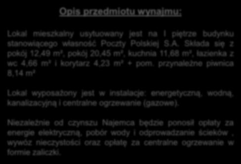 Składa się z pokój 12,49 m², pokój 20,45 m², kuchnia 11,68 m², łazienka z wc 4,66 m² i