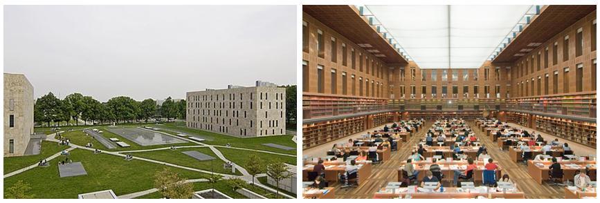 Największa część biblioteki znajduje się pomiędzy wieżami, pod ziemią. Po środku zdjęcia jest widoczny szklany dach, który stanowi sufit centralnej czytelni biblioteki.
