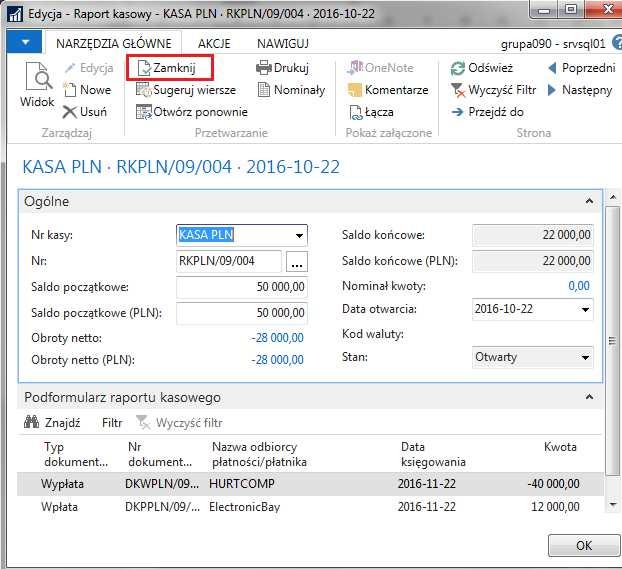 5 Zamknięcie raportu kasowego Po dokonaniu wypłaty dla dostawcy (zakup) i wpłacie od nabywcy (sprzedaż) należy zamknąć