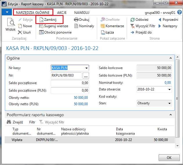1.3 Zamknięcie raportu kasowego Po zaksięgowaniu jakiejkolwiek wpłaty/wypłaty gotówkowej, w raporcie kasowym pojawia się nowy wiersz, odzwierciedlający