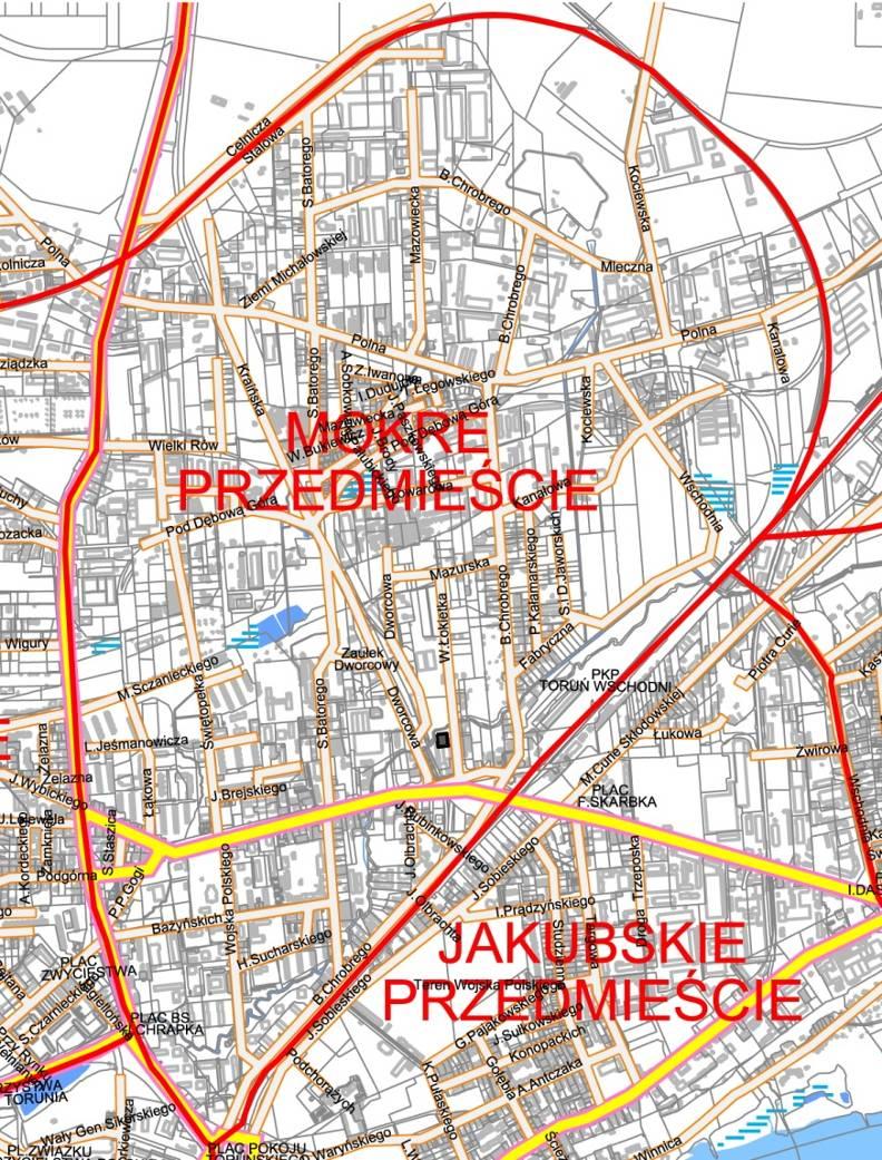 rysunek nr 10. Jednostka urbanistyczna Mokre Przedmieście Źródło: Opracowanie własne na podst. materiałów Urzędu Miasta Torunia Dawniej była to sąsiadująca z Toruniem wieś Mokre, założona w XIII w.
