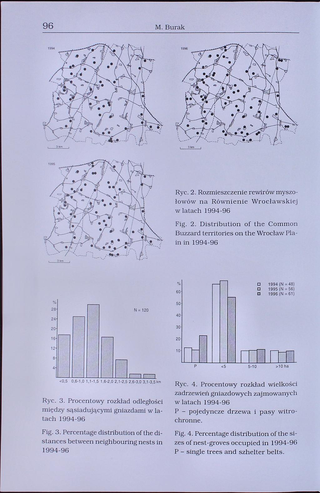 96 M. Burak Ryc. 2. Rozmieszczenie rewirów myszołowów na Równi enie Wrocławskiej w latach 1994-96 Fig. 2. Distribution of the Common Buzzard territories on the Wrocław Plain in 1994-96 60 O 1994 (N = 48) El 1995 (N = 56) 1996 (N = 61) 28 N = 120 24 50 40 20 30 16 20 12-10 4- <5 5.