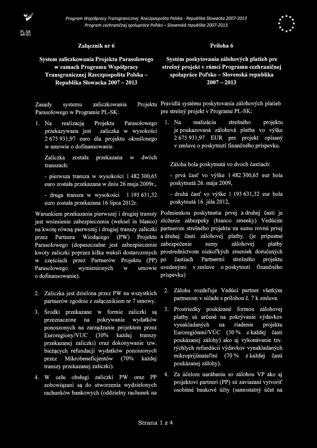 cezhraničnej spolupráce Pol'sko - Slovenská republika 2007-2013 Zasady systemu zaliczkowania Parasolowego w Programie PL-SK: Projektu Pravidlá systému poskytovania zálohových platieb pre strešný