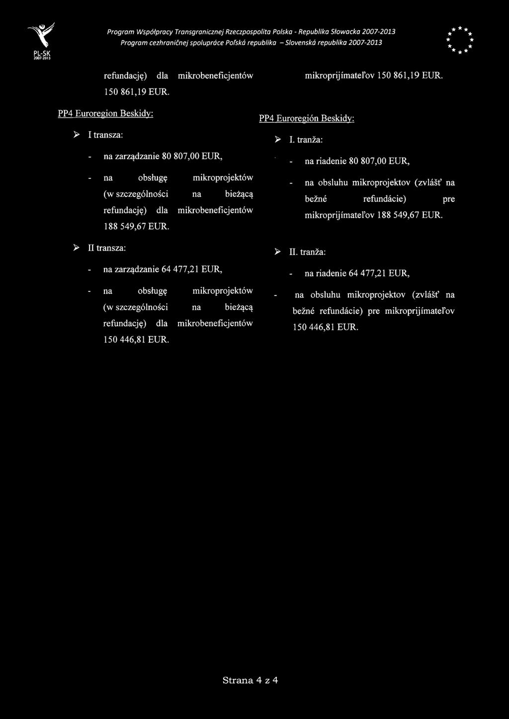 ~ IItransza: na zarzadzanie 64 477,21 EUR, na obsluge mikroprojektów (w szczególnošci na refundacje) dia mikrobeneficjentów 150446,81 EUR. mikroprijímateľov 150 861,19 EUR.