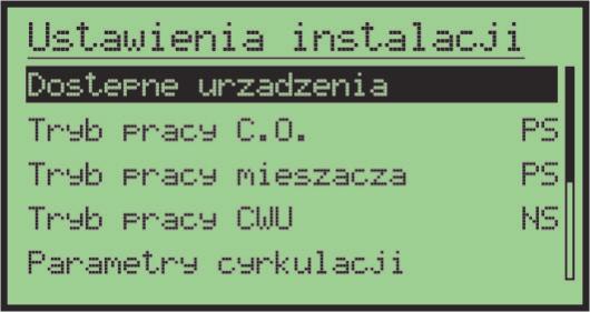 Zmiana parametrów instalacyjnych Aby wejść do ustawień instalacyjnych należy nacisnąć i przytrzymać przez 3 sekundy przycisk. Pojawi się okno ustawień serwisowych.