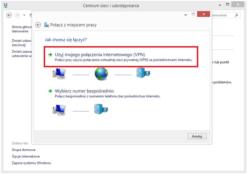 d) kliknąć Użyj mojego połączenia internetowego (VPN) 1.3 Konfiguracja na systemie Windows e) w polu Adres internetowy wpisać: vpn.e-science.