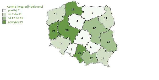 Rysunek 4. Rozmieszczenie centrów integracji społecznej według województw w 2016 r.