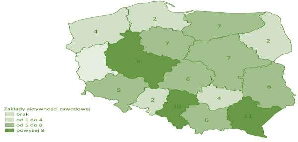 Rysunek 13. Rozmieszczenie zakładów aktywności zawodowej według województw w 2014 r.