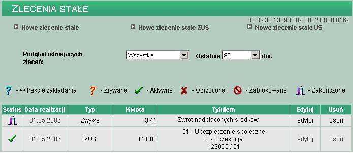 Przykładowa lista zleceń stałych: Dla kaŝdego wprowadzonego zlecenia dostępne są następujące informacje: Status informacja o etapie realizacji Data realizacji data wprowadzenia Typ