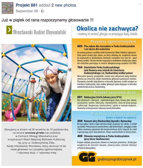wrocławskim budżecie obywatelskim 7 akcję zbierania głosów. SP82 komunikuje to zarówno na oficjalnej stronie szkoły (patrz Rysunek 8) jak i na linkowanym z tej strony profilu na Facebooku 6. 7. 6 https://www.